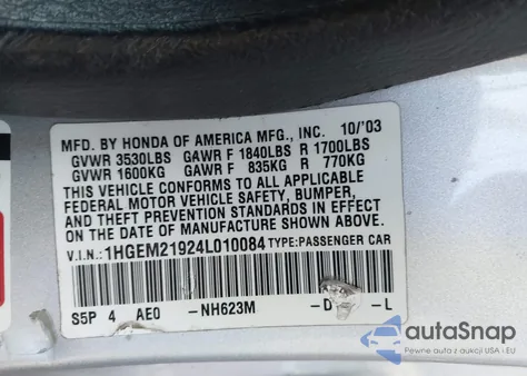 2004 Honda Civic Ex из США, поврежденный, VIN 1HGEM21924L010084